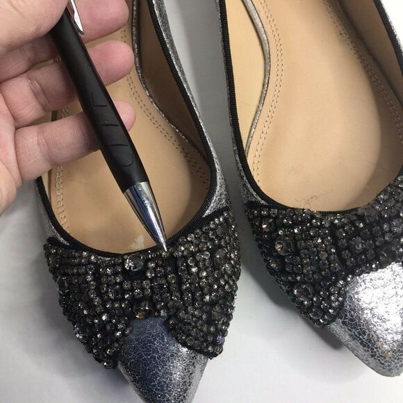 Tory Burch Womens Vanessa Silver Crackle Crystal Bow Slip On Flats Pointy Toe 8M - Picture 12 of 12